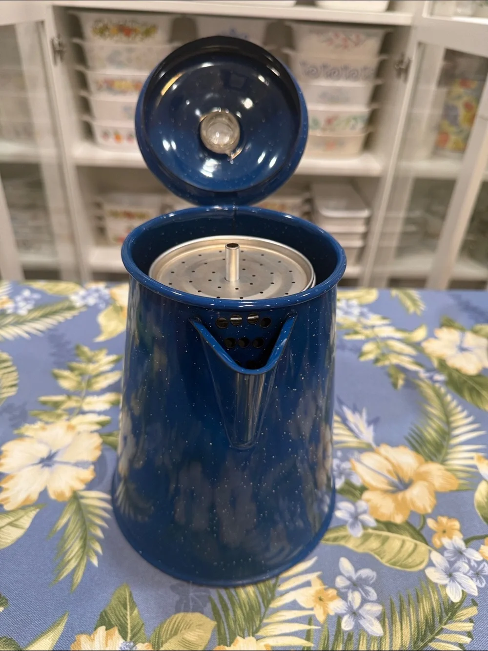 Blue Speckled Enamel Coffee Pot